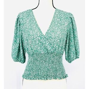 1. STATE Women's S Spring Green & White Floral Smocked Waist Deep V-Neck Blouse